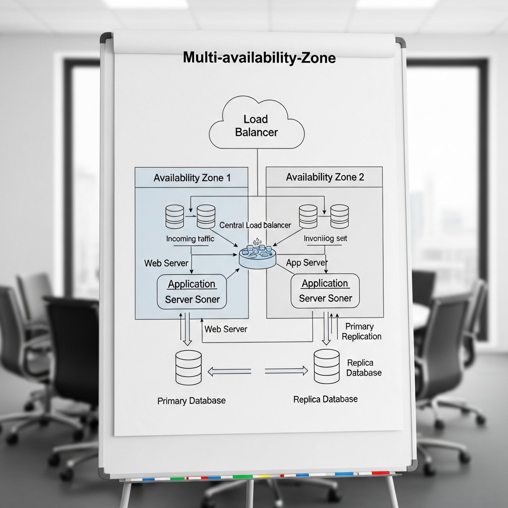 Cloud architecture diagram on a whiteboard showing multi-availability-zone deployment with load balancer and database replication