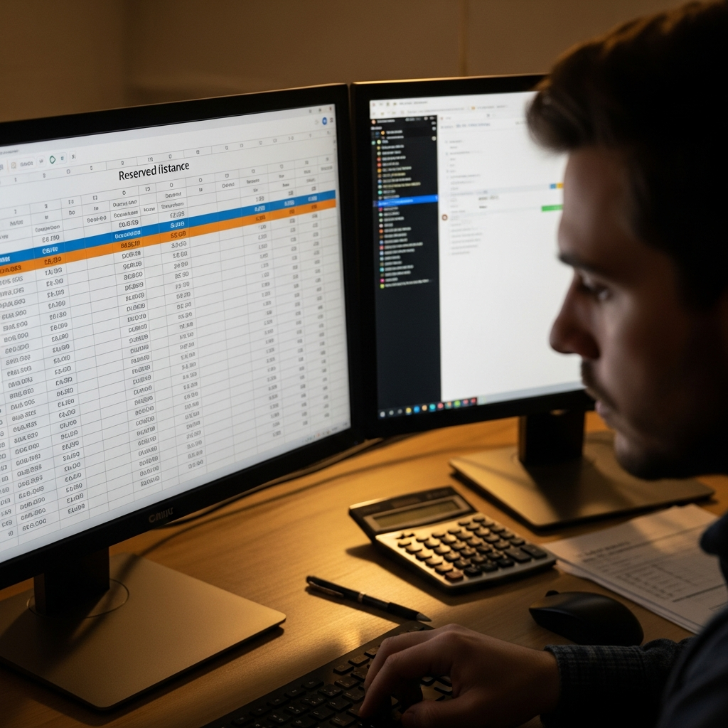 Engineer reviewing AWS reserved instance cost calculations on a spreadsheet at their workstation