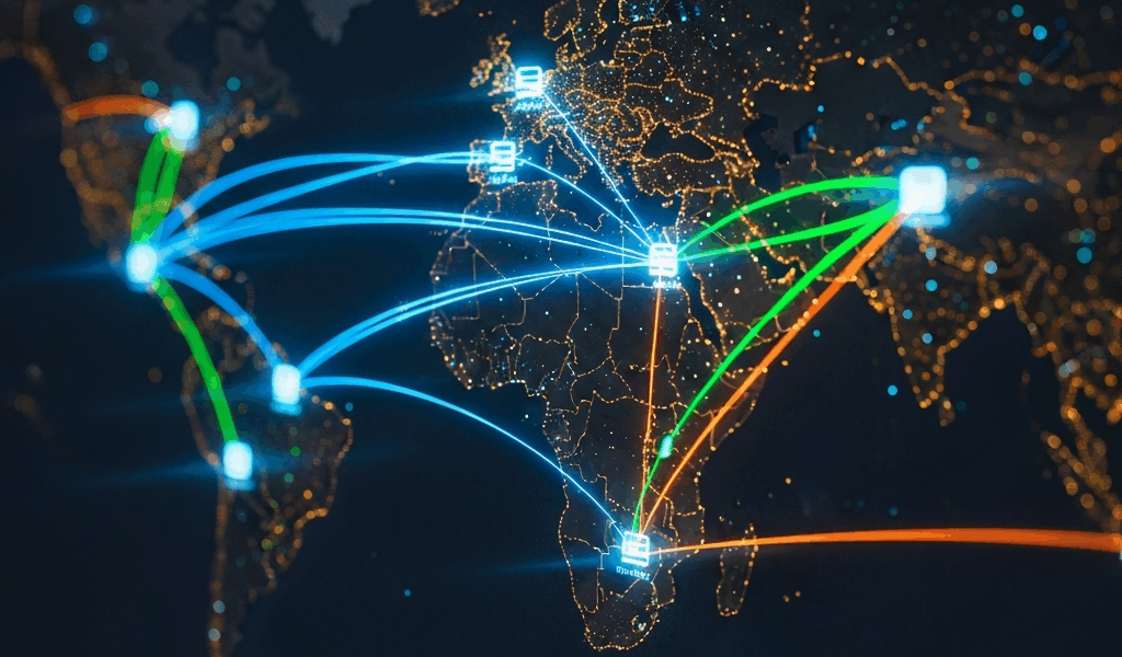 world map with glowing connection lines between data center 20260331 083451