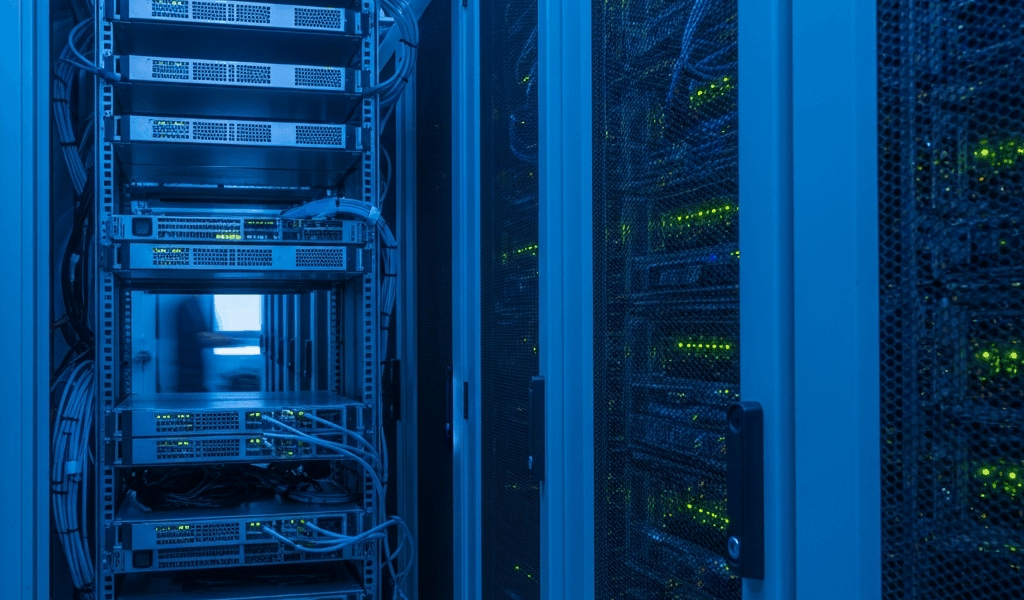 server rack in modern data center with blue lighting