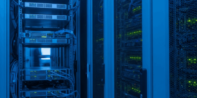 server rack in modern data center with blue lighting